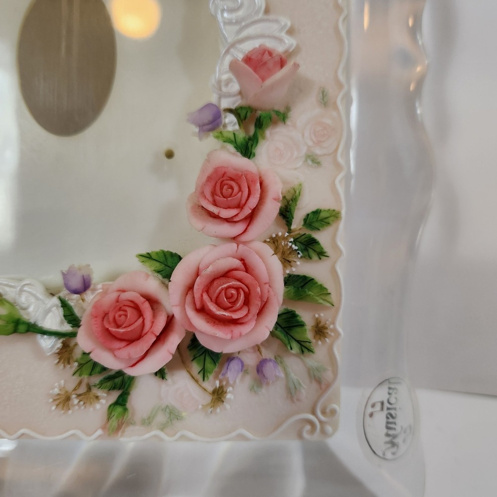 Musical Picture Frame Pink Rose Floral Music Box Rotating Easel Photo Gift - Picture 8 of 13